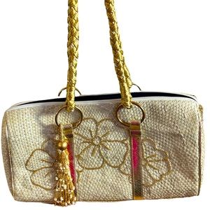 ANTHROPOLOGIE ARANAZ Summer Straw Purse W/ Gold Embroidery & Beads Gorgeous!!